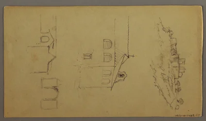 Tegning, rekto: blank; bakside: Fortree på bakketopp, to c, port, muligens 1868–69