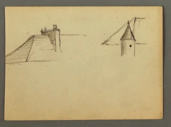 Tegning, tak med skorstein, tårn, muligens 1868