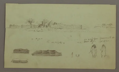 Tegning, Ruiner omgitt av murer, Telt, Tofigurstudier, 28. april 1868