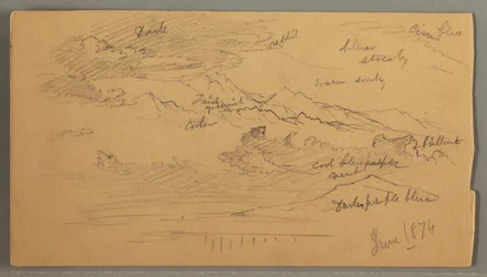 Tegning, skarpe fjelltopper, overskyet himmel, juni 1874