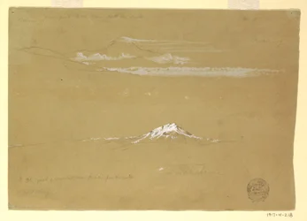 Tegning, Sincholagua, morgen, fra Soltempelet, Quito, 24. juni 1857