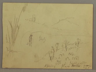 Tegning, skisser fra Italia: Bygging med et tårn, fjell og mann, 29. april 1869