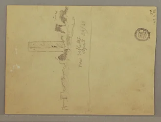 Tegning, skisser fra Italia: Bygging med et tårn, fjell og mann, 29. april 1869