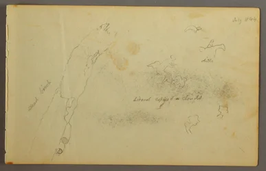 Tegning, skisser av skyer og død bjørk, juli 1844