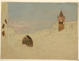 Tegning, søramerikansk byutsikt, 1857