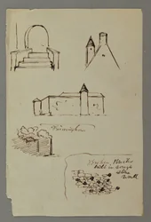 Tegning, trapper, tak med tårn, steinmur, muligens 1869