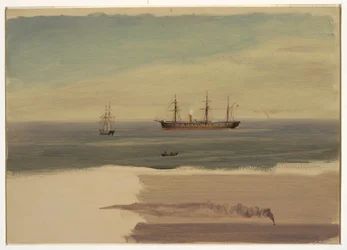 Tegning, Dampskip og seilfartøy, juli 1859