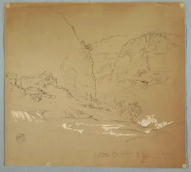 Tegning, bekk som fører til kanten av fossene nær Hacienda Chillo, Ecuador, 26. juni 1857