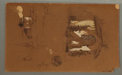 Tegning, studier av hytte, mann med pipe, ender, 1868