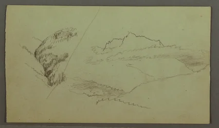 Tegning, topp som ruver over skyene, smal dal, muligens 1868