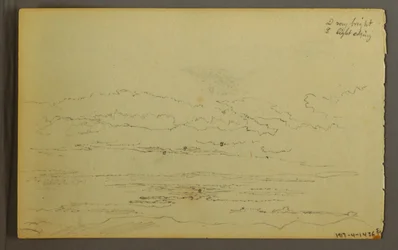 Tegning, Solnedgang bak lave åser, 1845