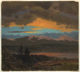 Tegning, Solnedgang over Hudson Valley, New York, september 1870