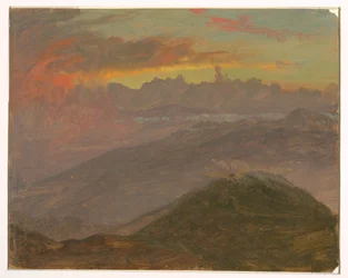 Tegning, solnedgang og fjell, juli 1865
