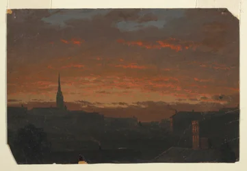 Tegning, Solnedgang ved Hudson, New York, ca. 1860