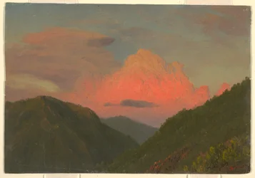 Tegning, Solnedgang over åstopper, Jamaica, Vestindia, august 1865