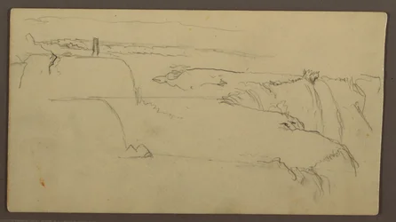 Tegning, Solnedgang over bank med skip, 1858
