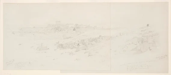Tegning, templer om morgenen, Baalbek, 12. mai 1868