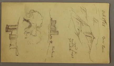 Tegning, tre studier av slott på en åstopp, 1. oktober 1868