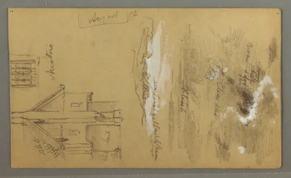 Tegning, tømmerhus, himmel, Østerrike, 1. august 1868