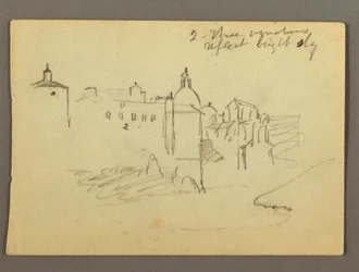 Tegning, bybygninger, muligens 1868–69