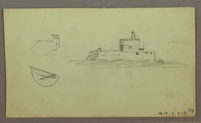 Tegning, By ved kysten, fjellkjeden bak, 27. mai 1868