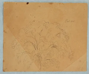Tegning, tre; Verso: Utsikt over en kirke, to engelske kvinner fra 1636, studie av en hest, oktober 1845