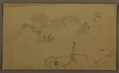 Tegning, trær, figur, hus Linstead, mai 1865