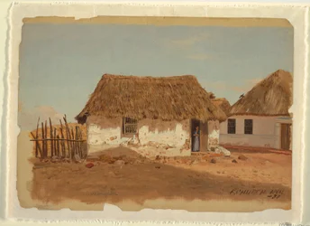 Tegning, to hus i Barranquilla, Colombia, april 1853