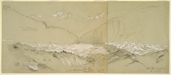 Tegning, Øvre Aletschbreen med den store Fusshorn, 1868