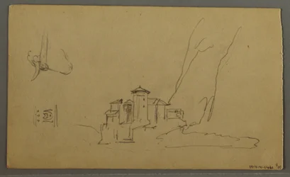 Tegning, dal, kirke, St. Gilgen Østerrike, muligens 1868