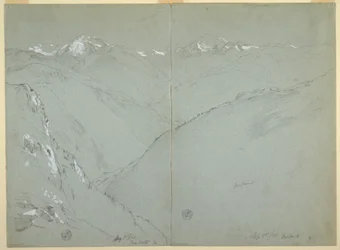 Tegning, Dallandskap med snødekte topper, Berneralpene, Sveits, del 1, 1. september 1868