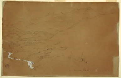 Tegning, dal med bekk og hus, nær Guaranda, Ecuador, 4. juni 1857