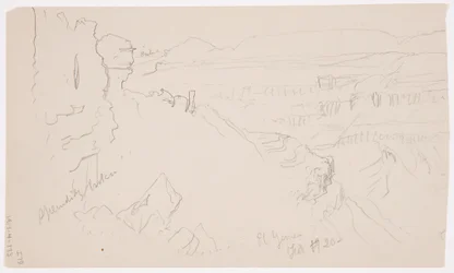 Tegning, utsikt over åsene og sletten mot fjellene, El Yemen-dalen, februar 1868