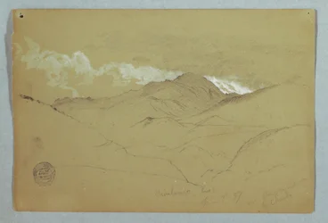 Tegning, utsikt fra øst av Chimborazo-fjellet, Ecuador, 3. juni 1857