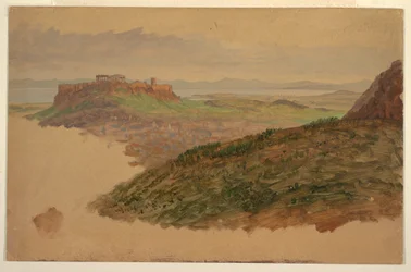 Tegning, utsikt over Akropolis fra Lykabettos-fjellet, Athen, april 1869