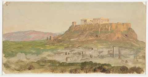 Tegning, utsikt over Akropolis fra sør, Athen, april 1869