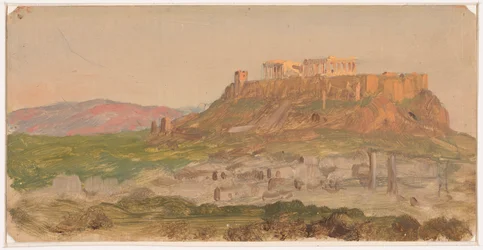 Tegning, utsikt over Akropolis fra sør, Athen, april 1869