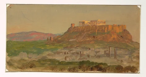 Tegning, utsikt over Akropolis fra sør, Athen, april 1869