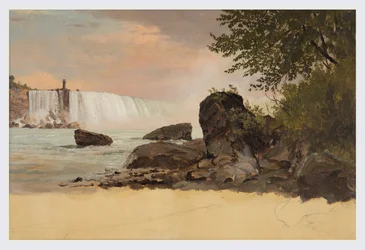 Tegning, utsikt over Canadian Falls og Goat Island, september eller oktober 1856