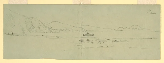 Tegning, utsikt over halvøya Sorrento i Capri, Italia fra nordøst, 1869