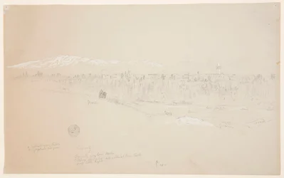 Tegning, landsbyen Kuseiyeh, Libanonfjellet i det fjerne, mai 1868