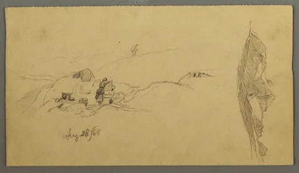 Tegning, kvinner som vasker seg ved et trau, fjell, 28. august 1868