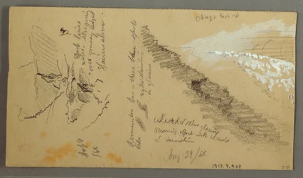 Tegning, kvinner som vasker seg ved et trau, fjell, 28. august 1868