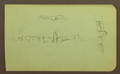 Tegning, åser, kirke, bro; Verso: figur, kors, kirke, 1883