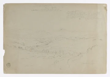 Studere. Landskap med Puresé -fjellet. Skisse. Landskap