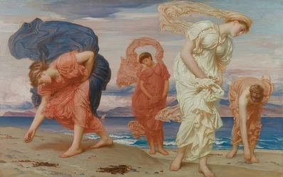 Greske jenter plukker opp småstein på stranden. Rundt 1871