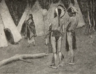 Og hennes elskere, de avviste,... Kjekke menn med maling og fjær, fra The Song of Hiawatha av Henry Wadsworth Longfellow (1807-82), pub. av George G. Harrap und Company Ltd., 1911
