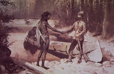 Fransk-kanadisk pelsfanger gjør forretninger med indianer, sent på 1800-tallet (farge litho)