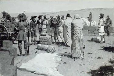 Tolken vinket mot ungdommen, ca. 1900.