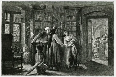 Hos apoteket i landsbyen Kaysersberg (eller Kaisersberg, Alsace), en nødkonsultasjon. Gravering av F.Lix, for å illustrere historien "Gjennom Alsace og Lorraine", i 1884, av Charles Grad (1842-1890), tysk stedfortreder, forfatter og naturforsker. Pub
